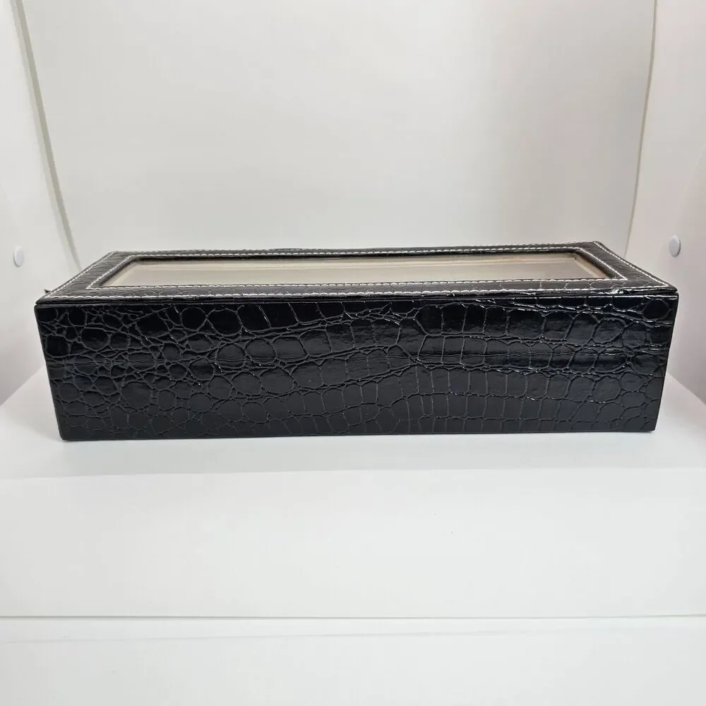 Black Faux Leather Watch Presentation Box Case, Glass Top, Holds 4-7 Watches